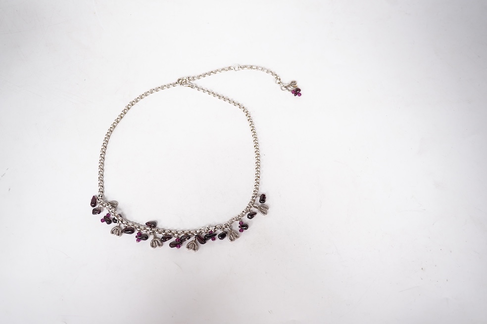 An early 1960's Georg Jensen sterling brooch, no. 339 (designed by Henning Koppel, 58mm, together with a small group of jewellery and other items including a pair of silver oval cufflinks, a Persian coin necklace, a 14ct